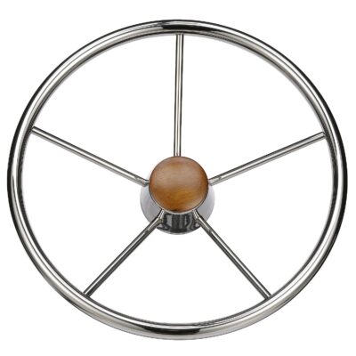 Seachoice 5 Spoke 15" Stainless Steel Destroyer Steering Wheel With Genuine Teak Cap - Image 4
