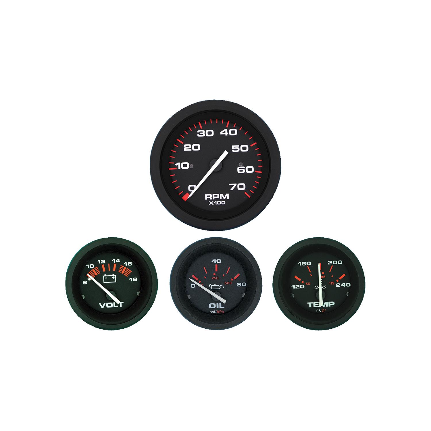 Sierra 69722P Amega Series Black Inboard 4 Set with Tachometer, Voltmeter, Oil Pressure & Water Temperature Gauges - Image 2