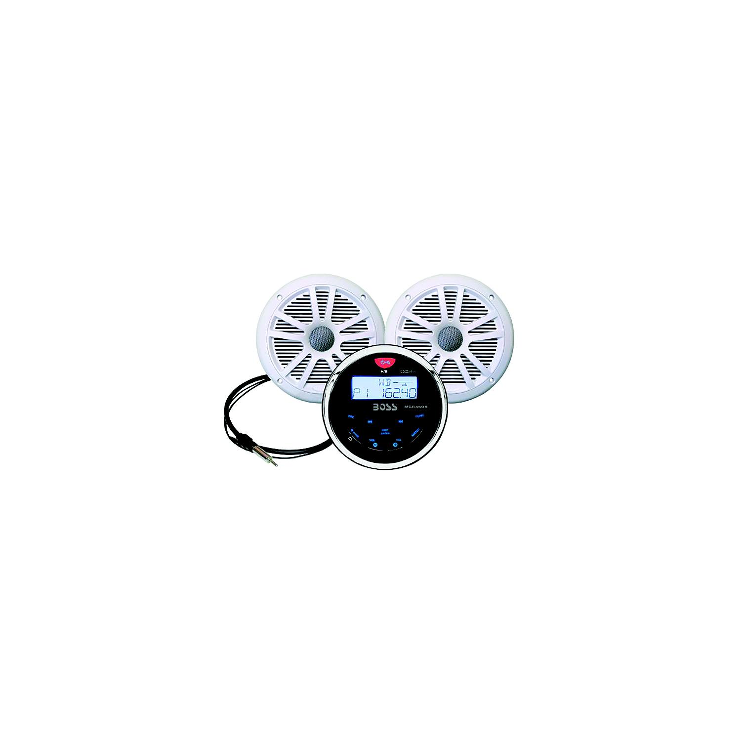 Boss Audio MCKGB350W6 Bluetooth Black In-Dash Gauge Receiver Package w/ 6-1/2" White Marine Speakers